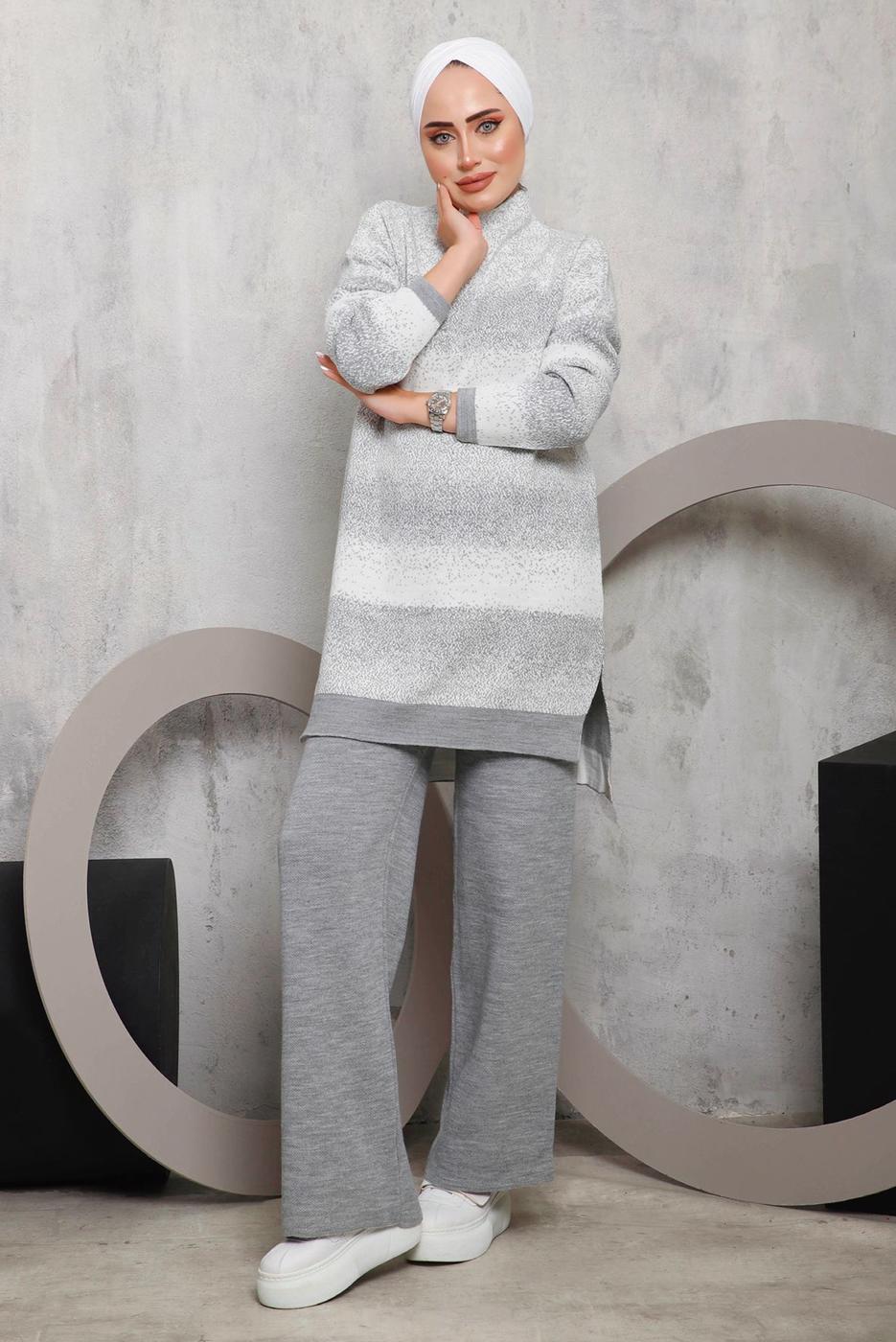 Vêtements hijab GRIS ENSEMBLE PANTALON EN MAILLE À MOTIFS 4292