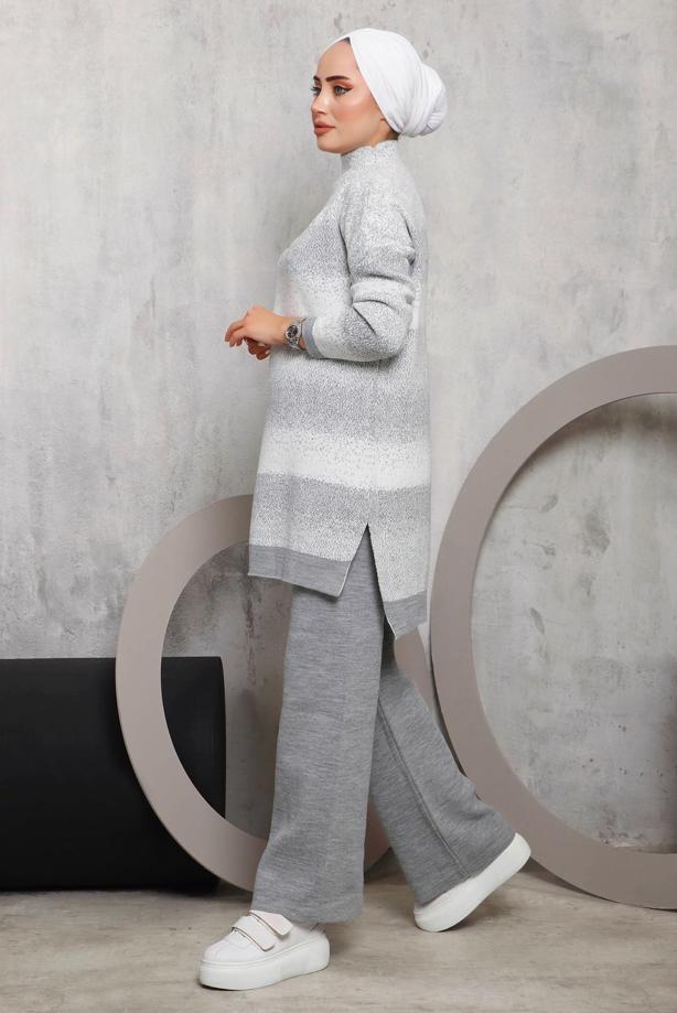 Vêtements hijab GRIS ENSEMBLE PANTALON EN MAILLE À MOTIFS 4292 - TRENDTESETTÜR