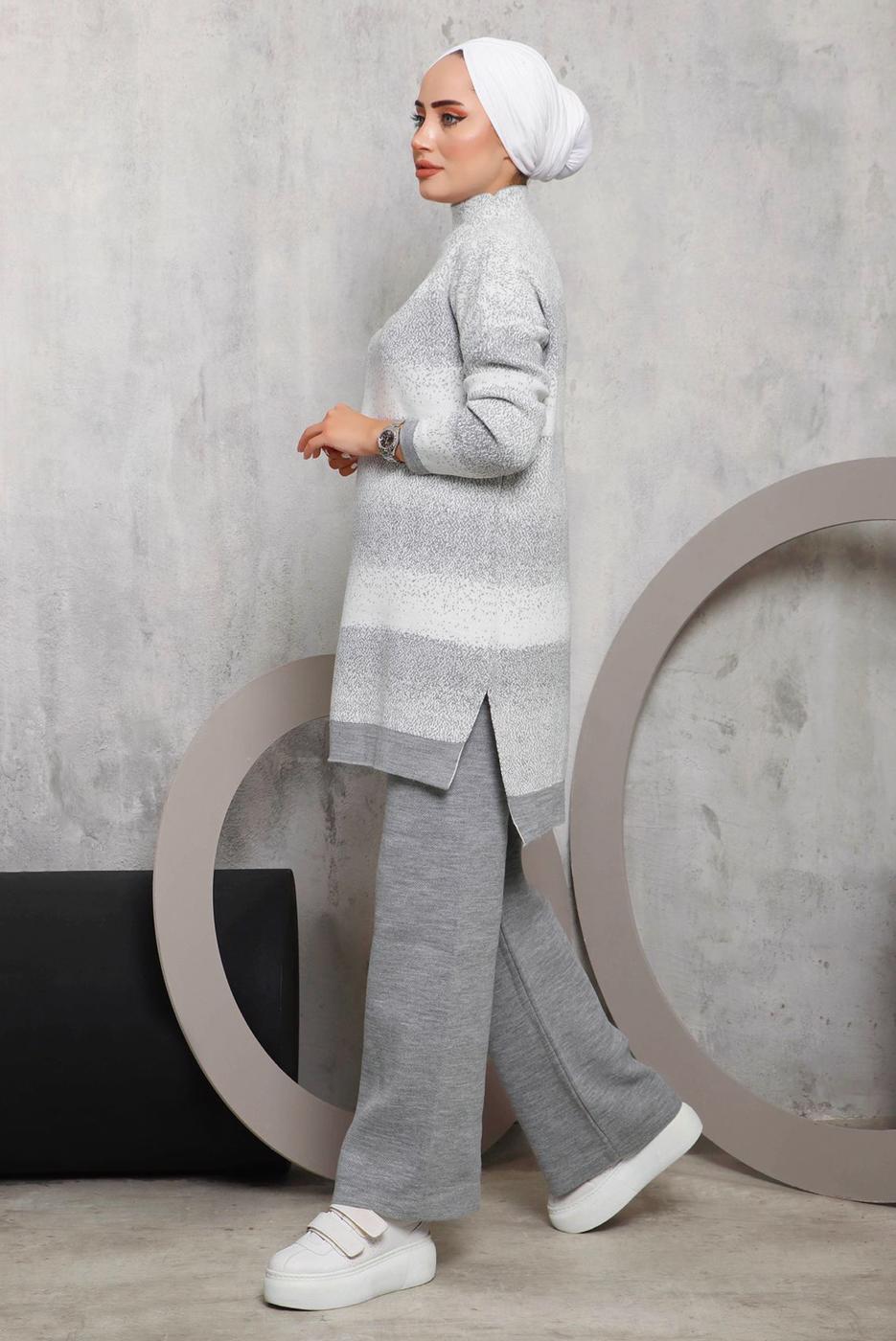 Vêtements hijab GRIS ENSEMBLE PANTALON EN MAILLE À MOTIFS 4292