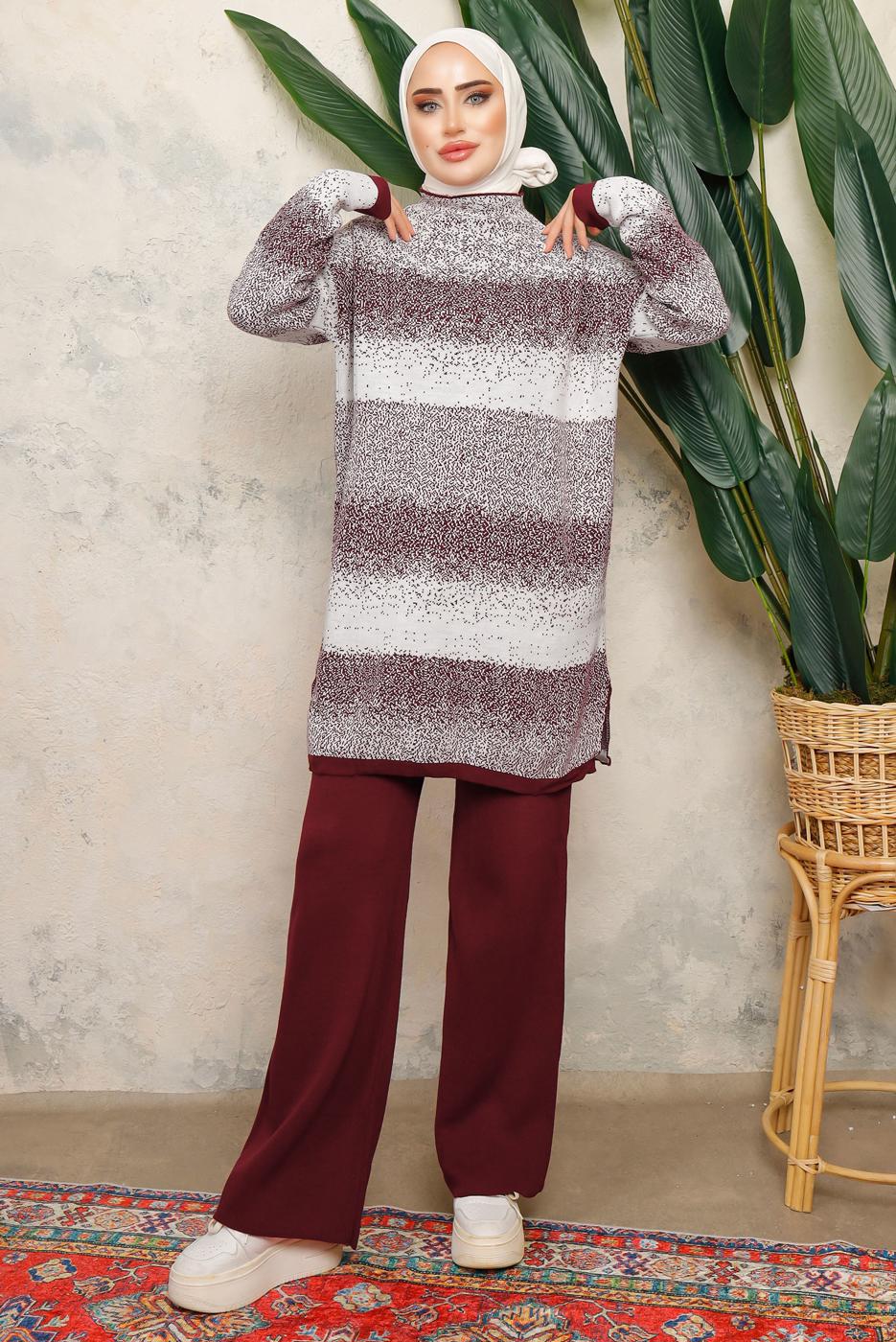 Tesettür giyim BORDO DESENLİ PANTOLONLU TRİKO TAKIM 4292