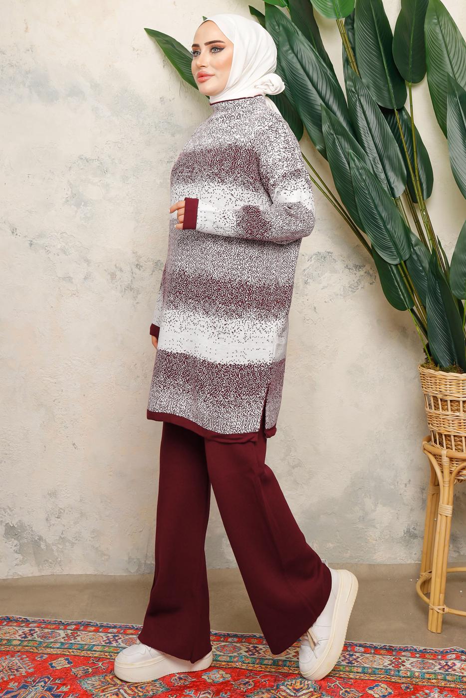 Tesettür giyim BORDO DESENLİ PANTOLONLU TRİKO TAKIM 4292