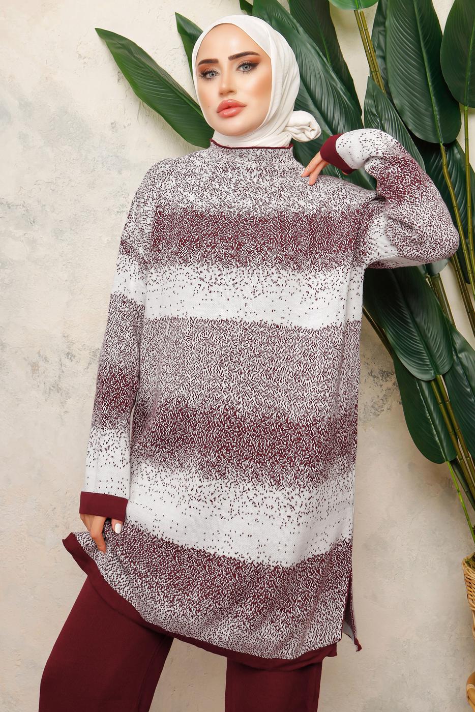 Tesettür giyim BORDO DESENLİ PANTOLONLU TRİKO TAKIM 4292