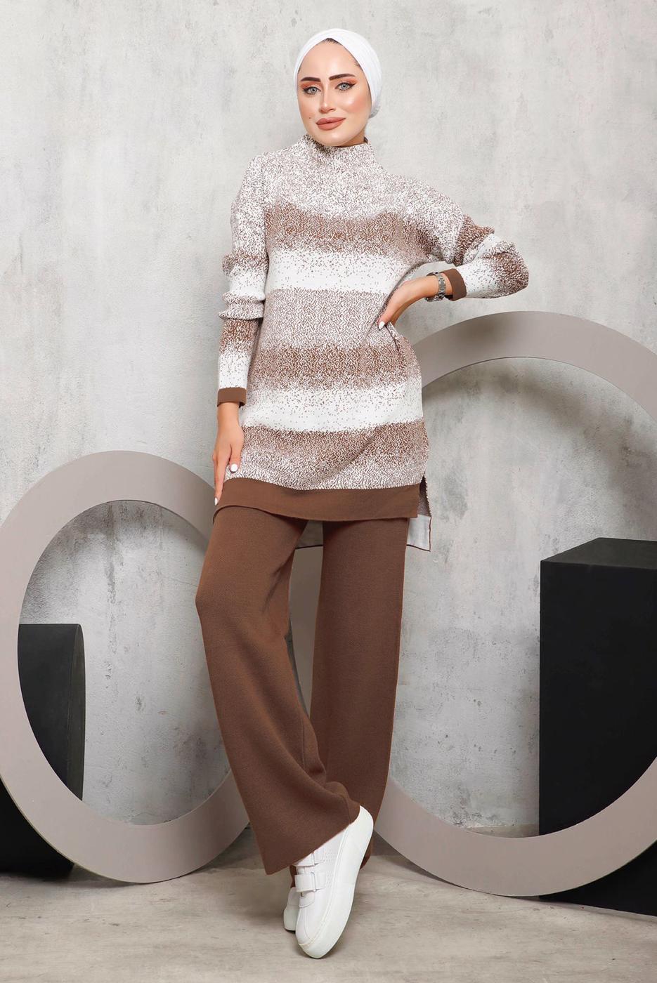 Hijab clothing BROWN PATTERNED KNITWEAR PANTS SUIT 4292
