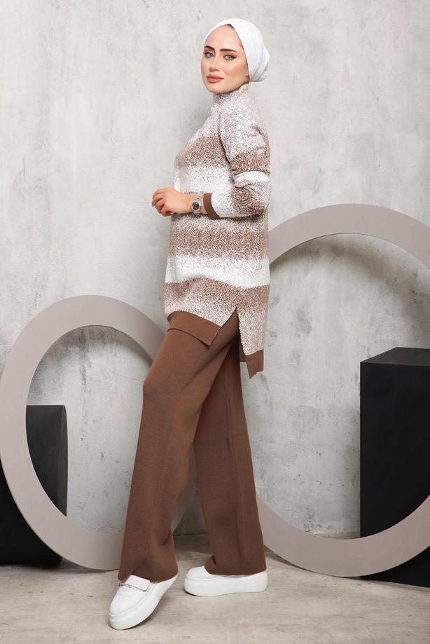 Hijab clothing BROWN PATTERNED KNITWEAR PANTS SUIT 4292 - TRENDTESETTÜR
