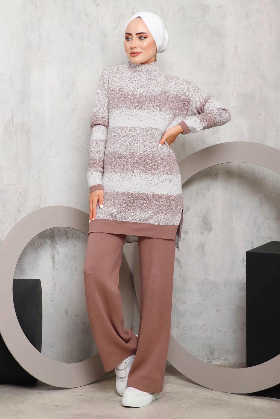 Vêtements hijab BRUN ENSEMBLE PANTALON EN MAILLE À MOTIFS 4292