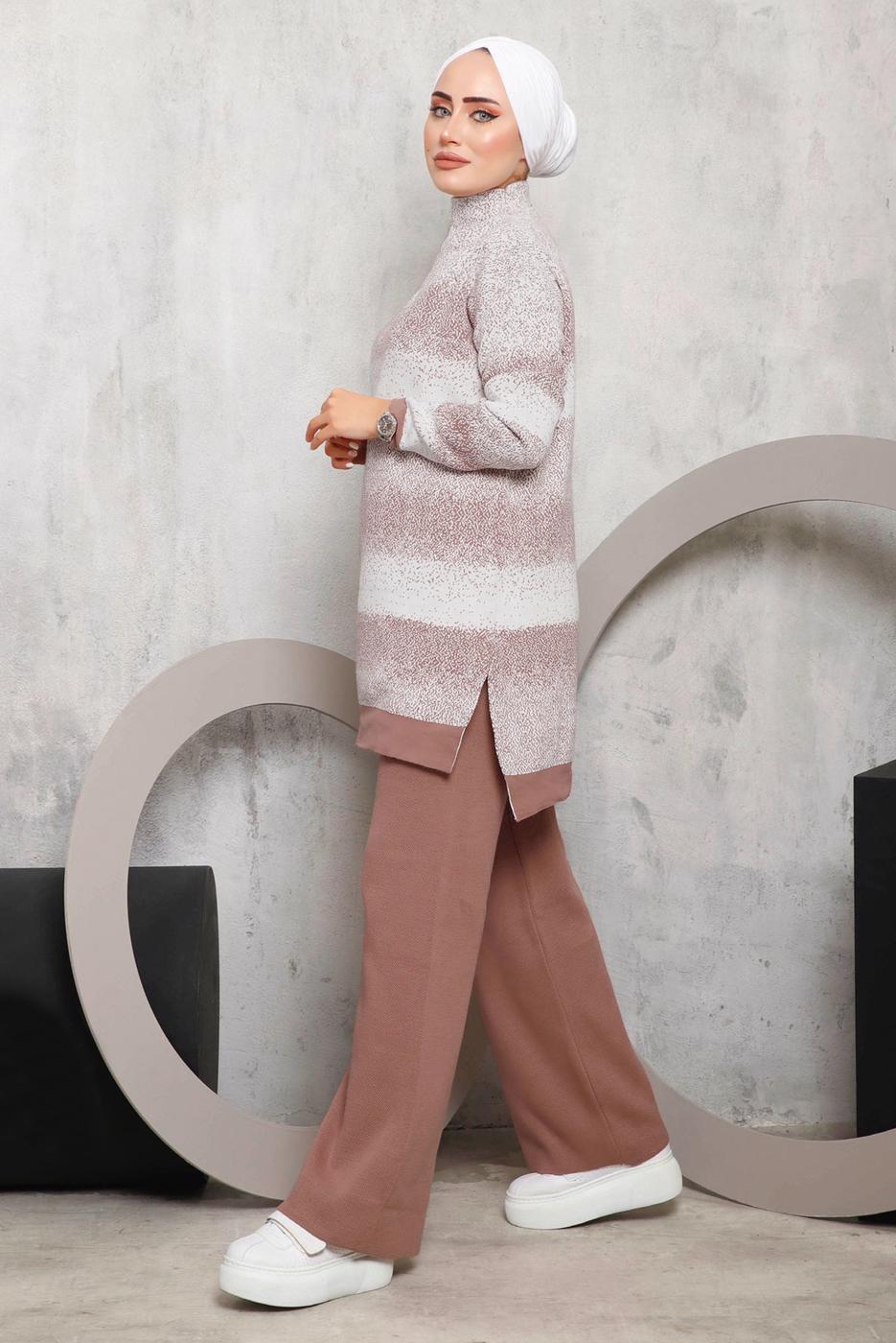 Vêtements hijab BRUN ENSEMBLE PANTALON EN MAILLE À MOTIFS 4292