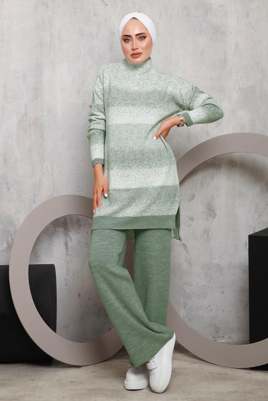 Tesettür giyim YEŞİL DESENLİ PANTOLONLU TRİKO TAKIM 4292