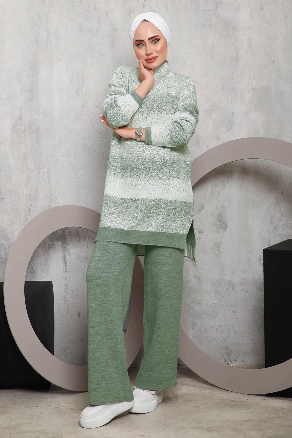 Tesettür giyim YEŞİL DESENLİ PANTOLONLU TRİKO TAKIM 4292