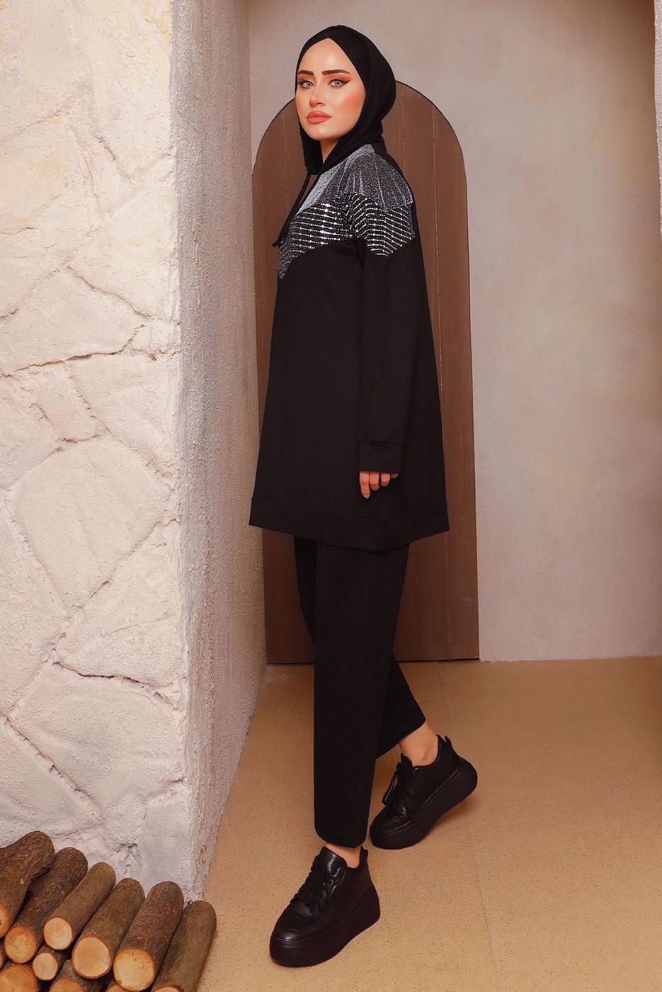 Tesettür giyim SİYAH TAŞ VE SİM DETAYLI PANTOLONLU TAKIM 4372 
