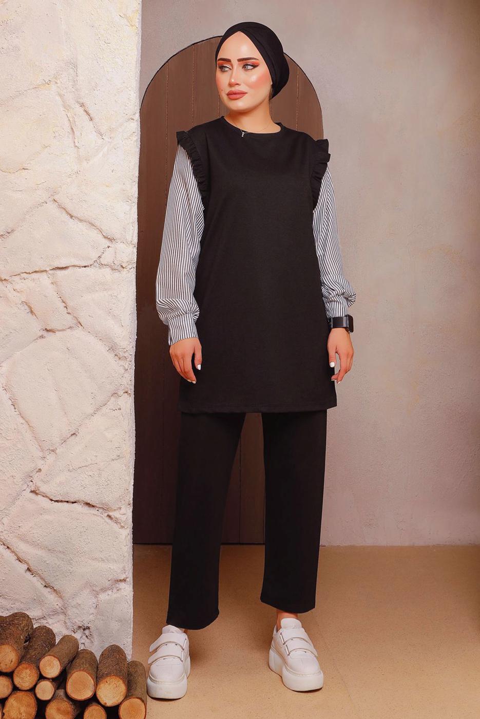 Hijab clothing BLACK PANTS SUIT WITH STRIPED SLEEVES 4472