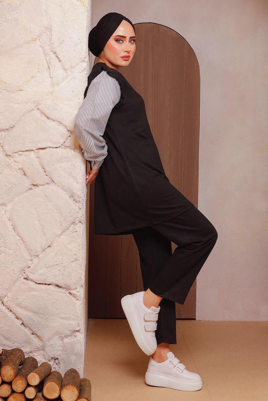 Hijab clothing BLACK PANTS SUIT WITH STRIPED SLEEVES 4472