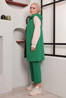 Tesettür giyim YEŞİL CEPLİ KAPÜŞONLU İKİLİ YELEKLİ TAKIM 4482
