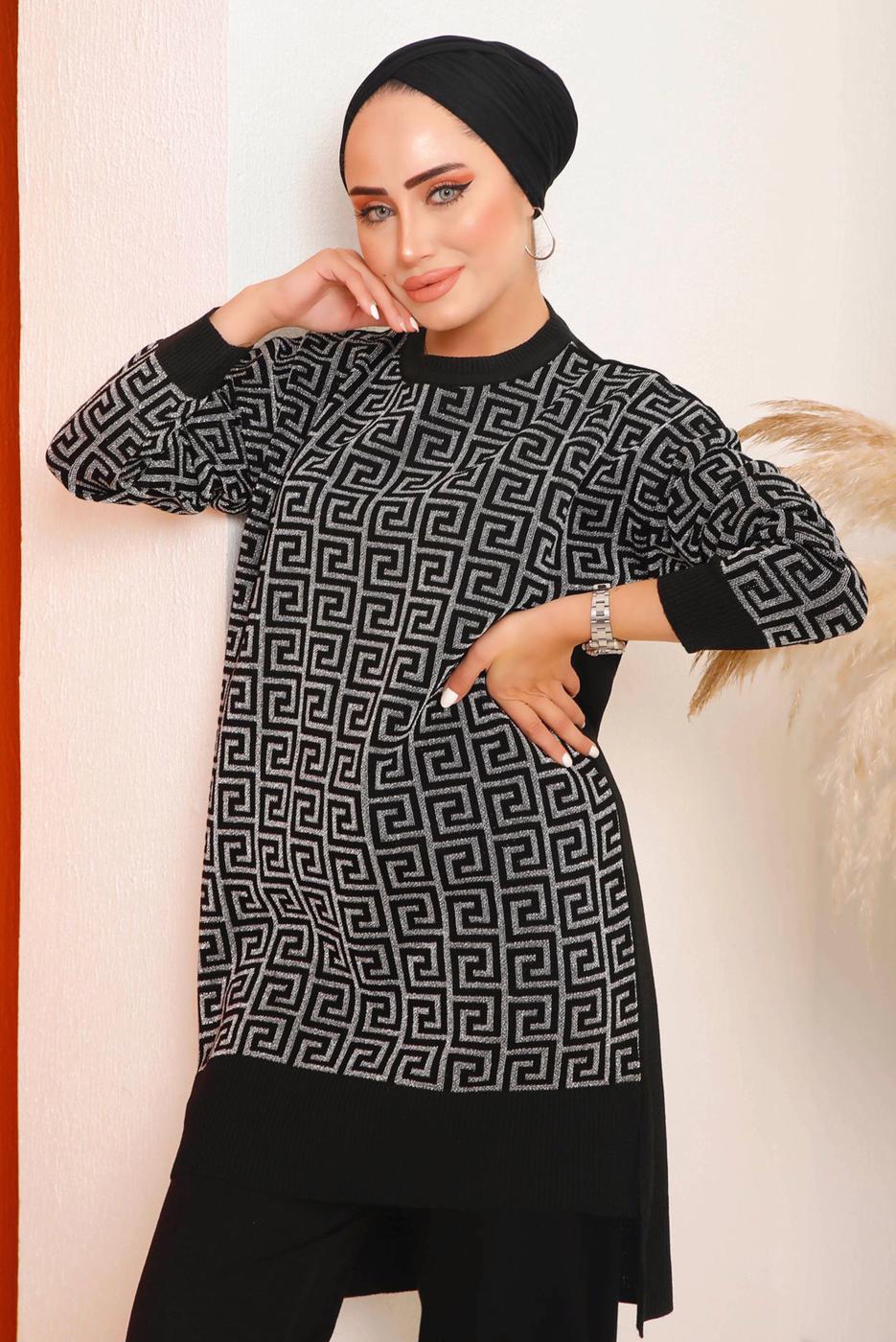 Tesettür giyim SİYAH DESENLİ PANTOLONLU TRİKO TAKIM 4592	