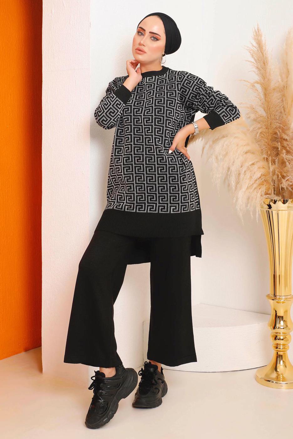 Tesettür giyim SİYAH DESENLİ PANTOLONLU TRİKO TAKIM 4592	