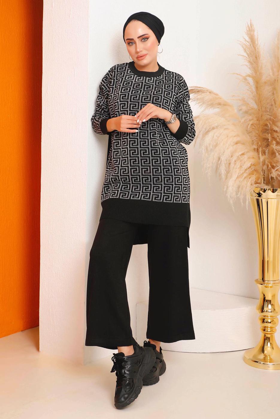 Tesettür giyim SİYAH DESENLİ PANTOLONLU TRİKO TAKIM 4592	