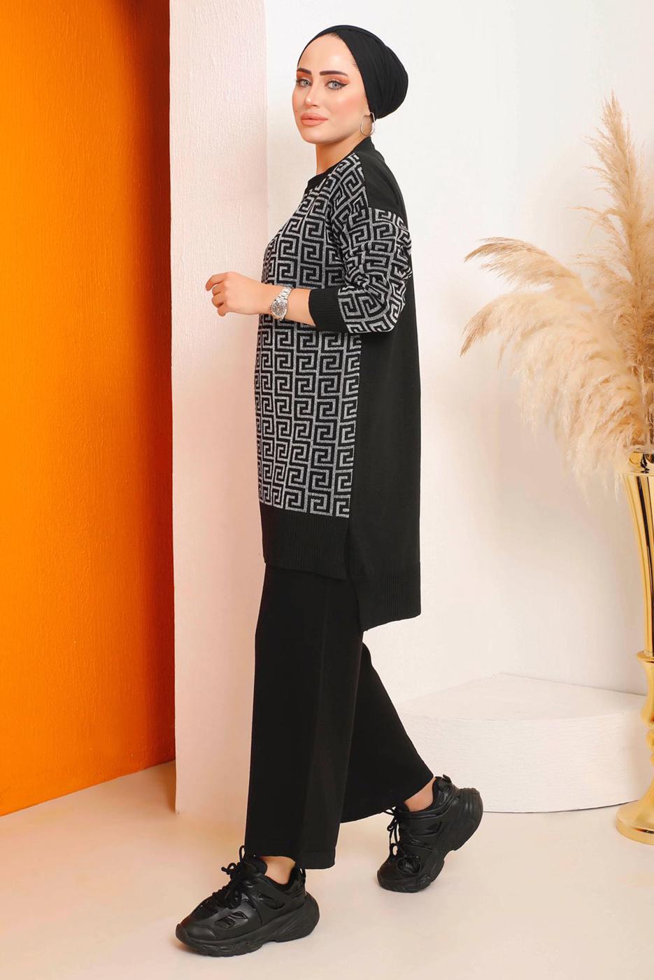 Tesettür giyim SİYAH DESENLİ PANTOLONLU TRİKO TAKIM 4592	