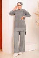 Tesettür giyim GRİ DESENLİ PANTOLONLU TRİKO TAKIM 4592	