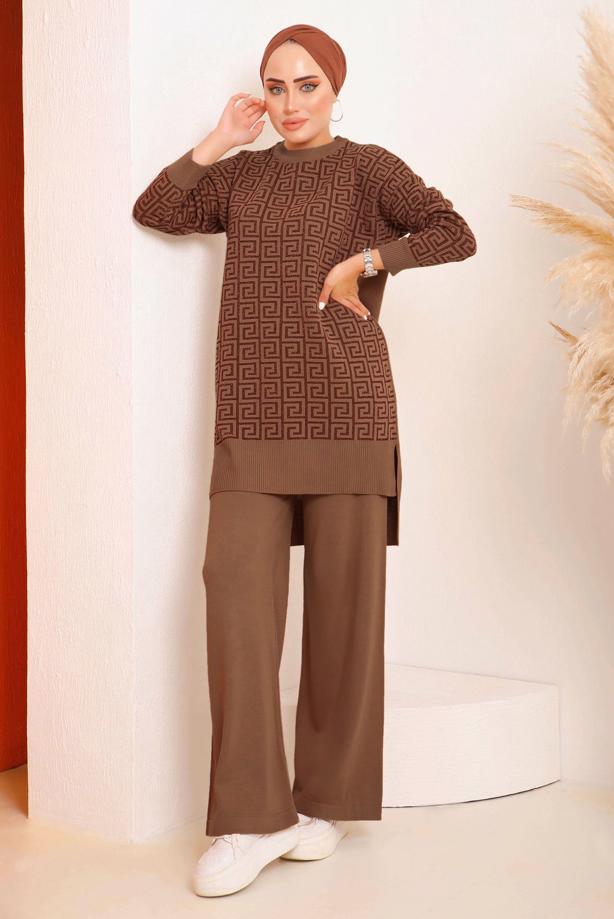 Hijab clothing BROWN PATTERNED KNITWEAR PANTS SUIT 4592  - TRENDTESETTÜR