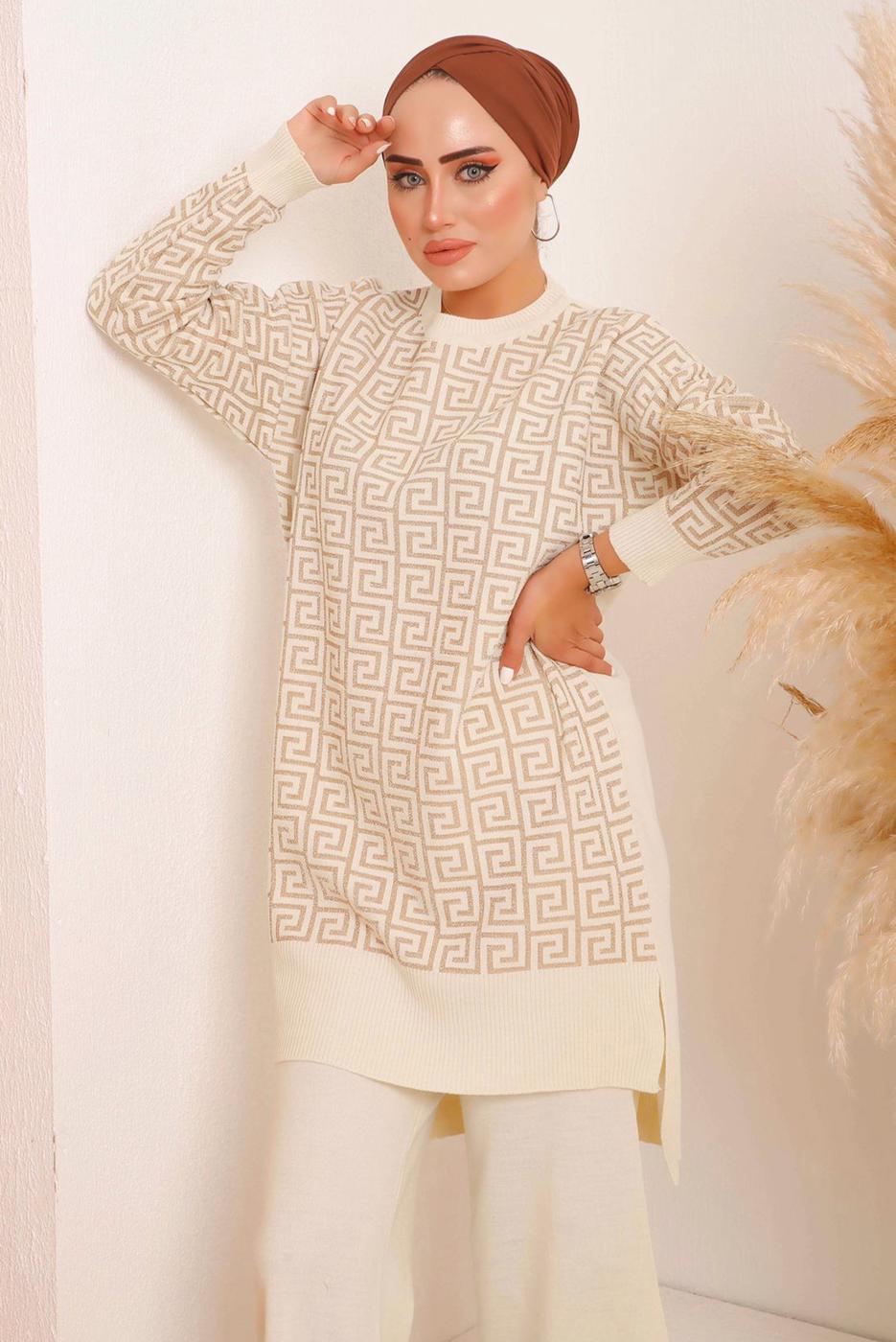 Tesettür giyim EKRU DESENLİ PANTOLONLU TRİKO TAKIM 4592	