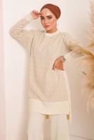 Tesettür giyim EKRU DESENLİ PANTOLONLU TRİKO TAKIM 4592	