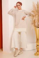 Tesettür giyim EKRU DESENLİ PANTOLONLU TRİKO TAKIM 4592	