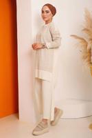 Tesettür giyim EKRU DESENLİ PANTOLONLU TRİKO TAKIM 4592	