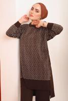 Tesettür giyim KAHVE DESENLİ PANTOLONLU TRİKO TAKIM 4592	