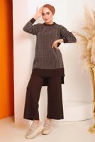 Tesettür giyim KAHVE DESENLİ PANTOLONLU TRİKO TAKIM 4592	