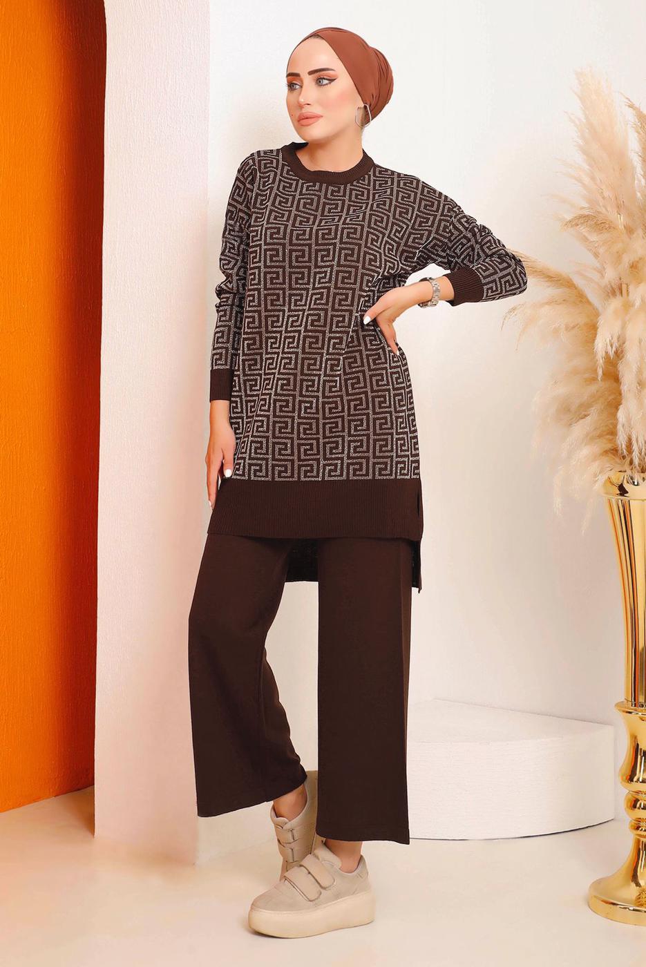 Tesettür giyim KAHVE DESENLİ PANTOLONLU TRİKO TAKIM 4592	