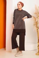 Tesettür giyim KAHVE DESENLİ PANTOLONLU TRİKO TAKIM 4592	