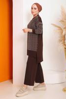 Tesettür giyim KAHVE DESENLİ PANTOLONLU TRİKO TAKIM 4592	
