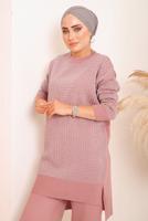 Tesettür giyim PUDRA DESENLİ PANTOLONLU TRİKO TAKIM 4592	