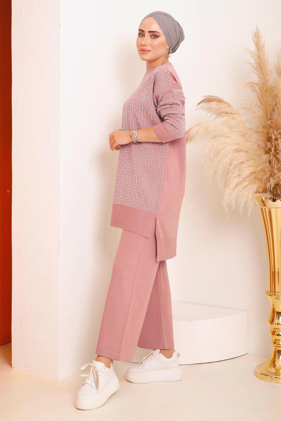 Tesettür giyim PUDRA DESENLİ PANTOLONLU TRİKO TAKIM 4592	