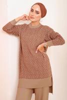 Tesettür giyim TABA DESENLİ PANTOLONLU TRİKO TAKIM 4592	