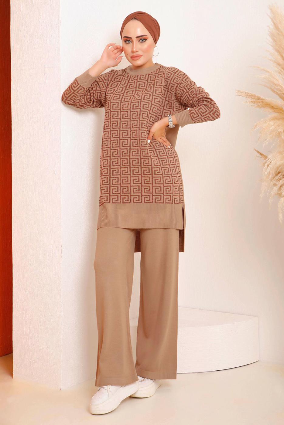 Tesettür giyim TABA DESENLİ PANTOLONLU TRİKO TAKIM 4592	