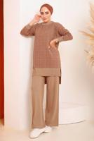 Tesettür giyim TABA DESENLİ PANTOLONLU TRİKO TAKIM 4592	
