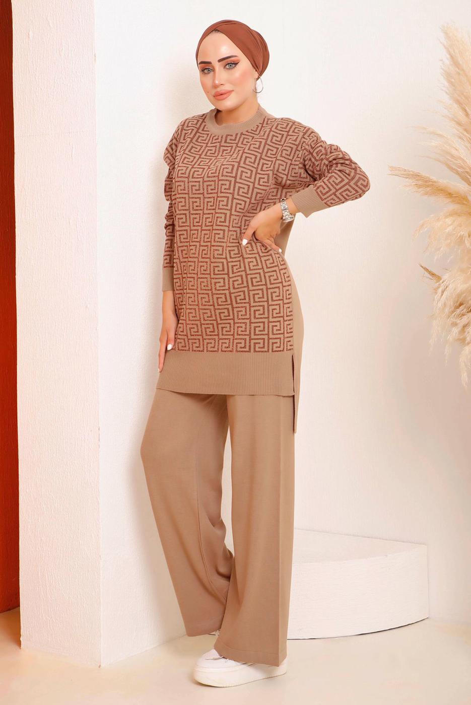 Tesettür giyim TABA DESENLİ PANTOLONLU TRİKO TAKIM 4592	