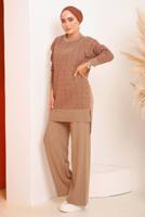 Tesettür giyim TABA DESENLİ PANTOLONLU TRİKO TAKIM 4592	
