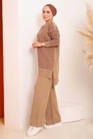 Tesettür giyim TABA DESENLİ PANTOLONLU TRİKO TAKIM 4592	