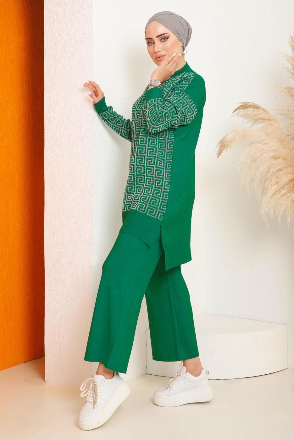 Vêtements hijab VERT ENSEMBLE PANTALON EN MAILLE À MOTIFS 4592