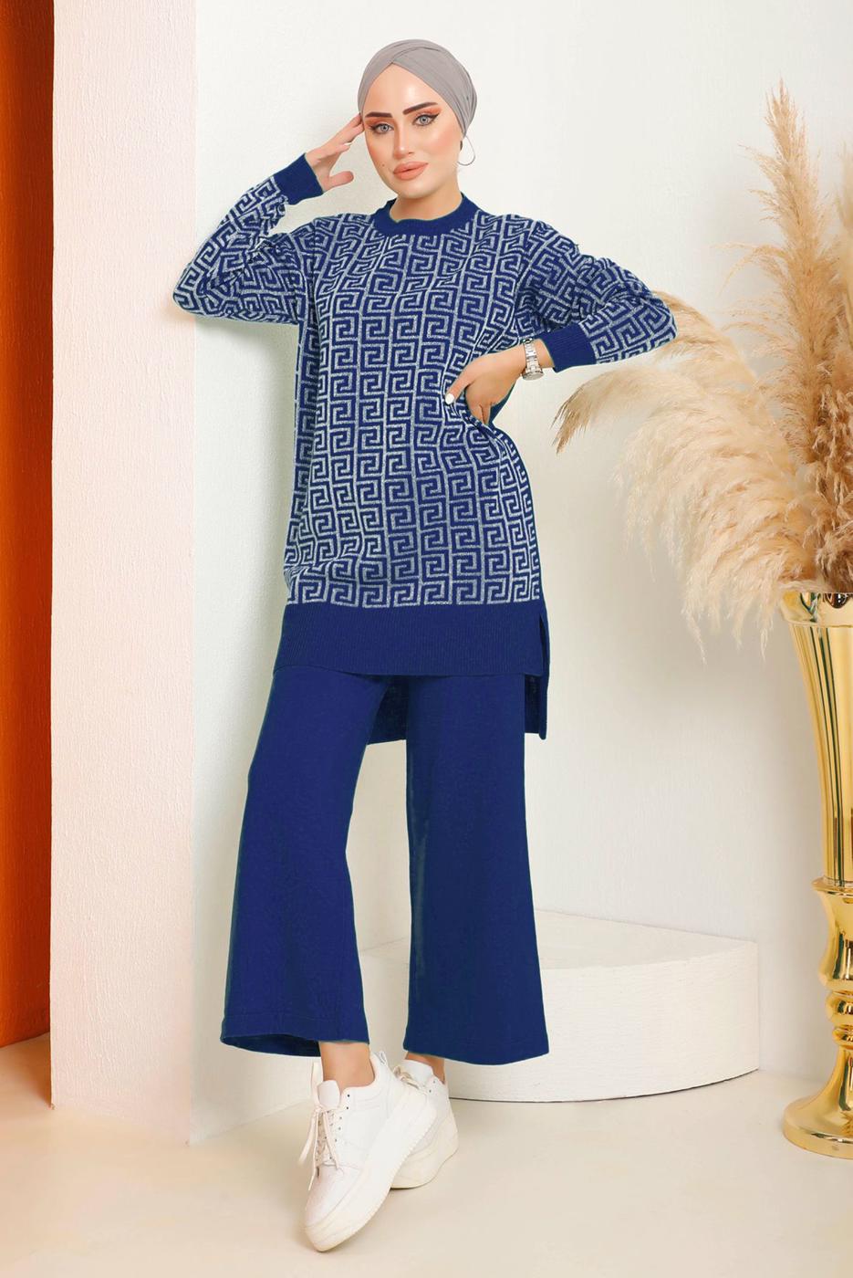 Tesettür giyim LACİVERT DESENLİ PANTOLONLU TRİKO TAKIM 4592	