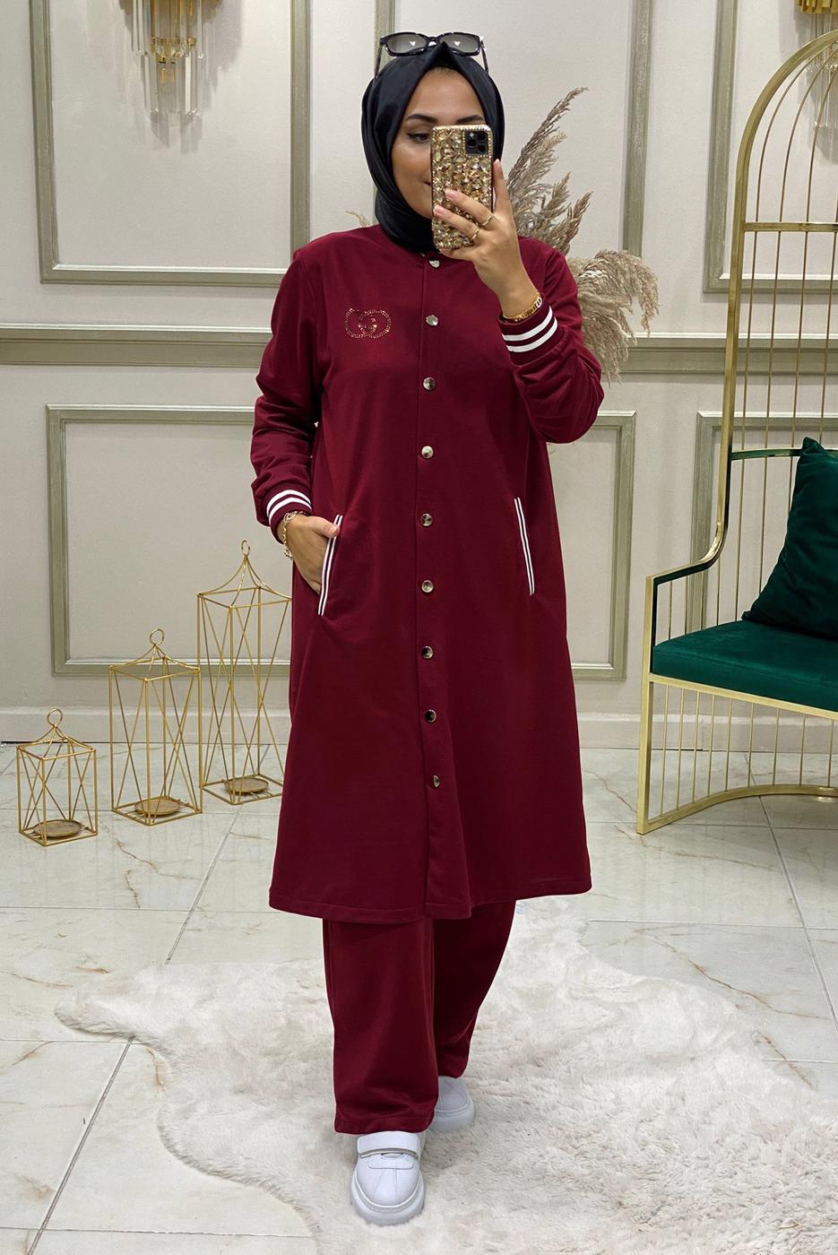 Tesettür giyim BORDO RİBANALI KOLEJ PANT. EŞOFMAN TAKIM 4850 