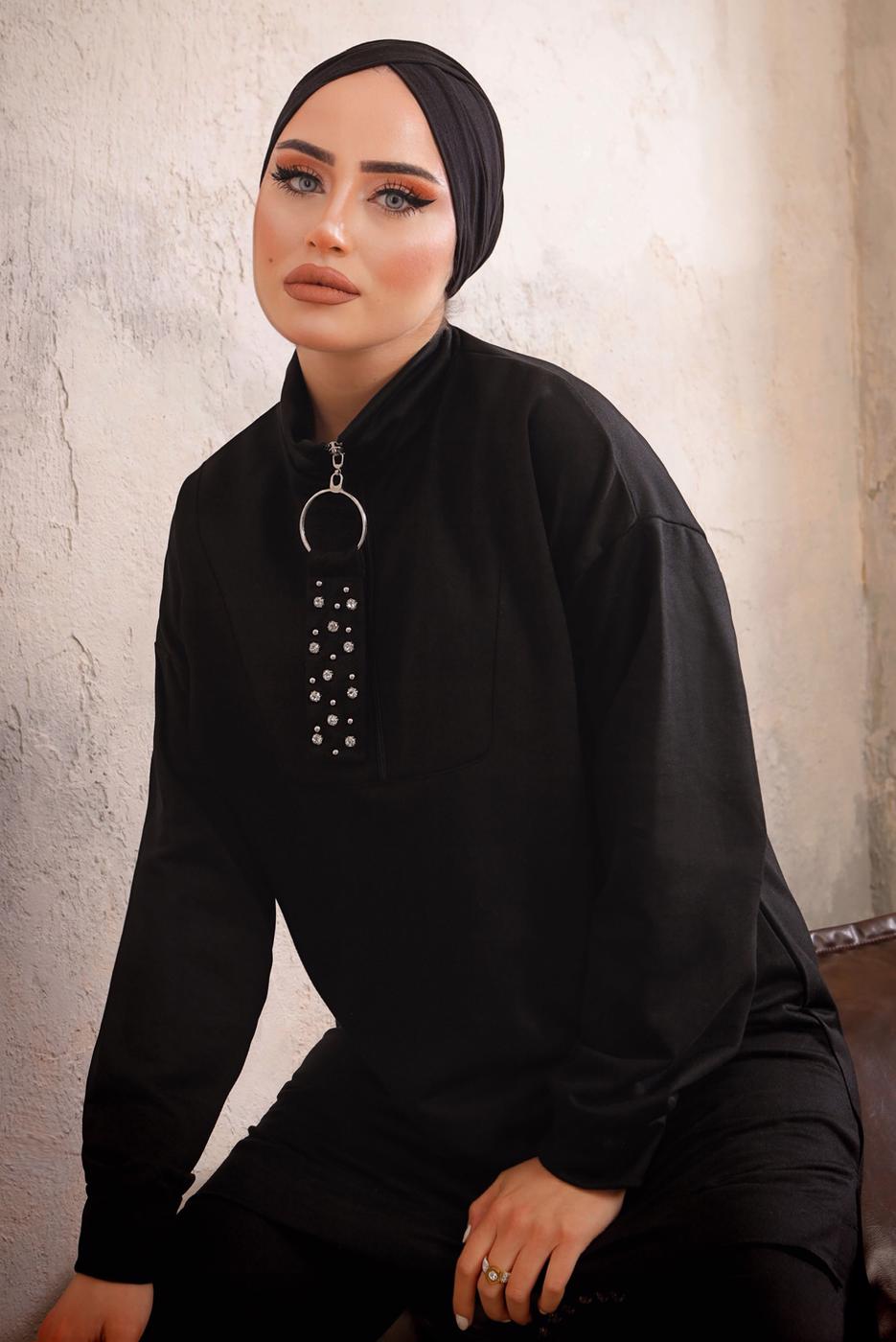 Tesettür giyim SİYAH FERMUARLI İKİLİ PANTOLON TAKIMI T 51921