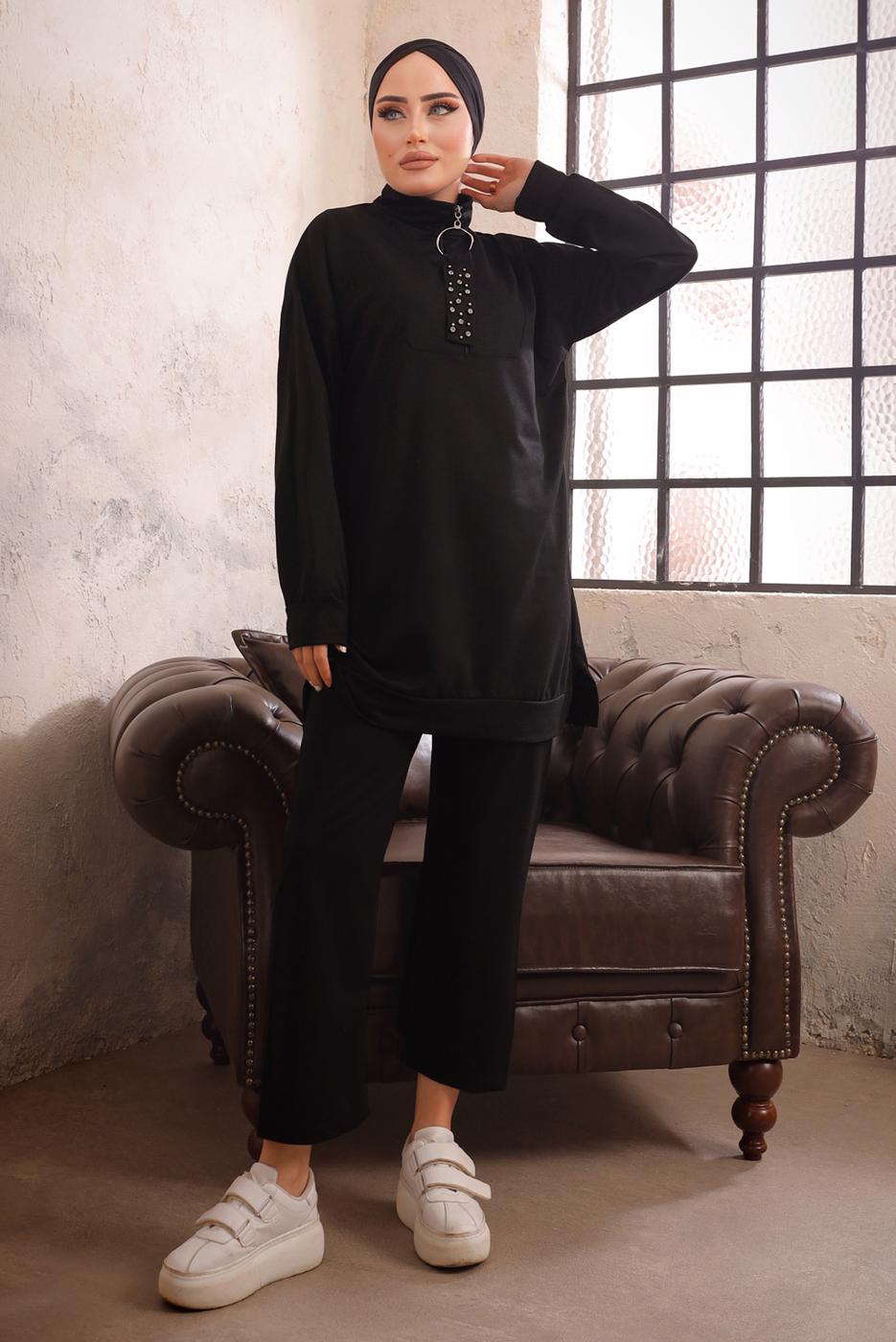 Tesettür giyim SİYAH FERMUARLI İKİLİ PANTOLON TAKIMI T 51921