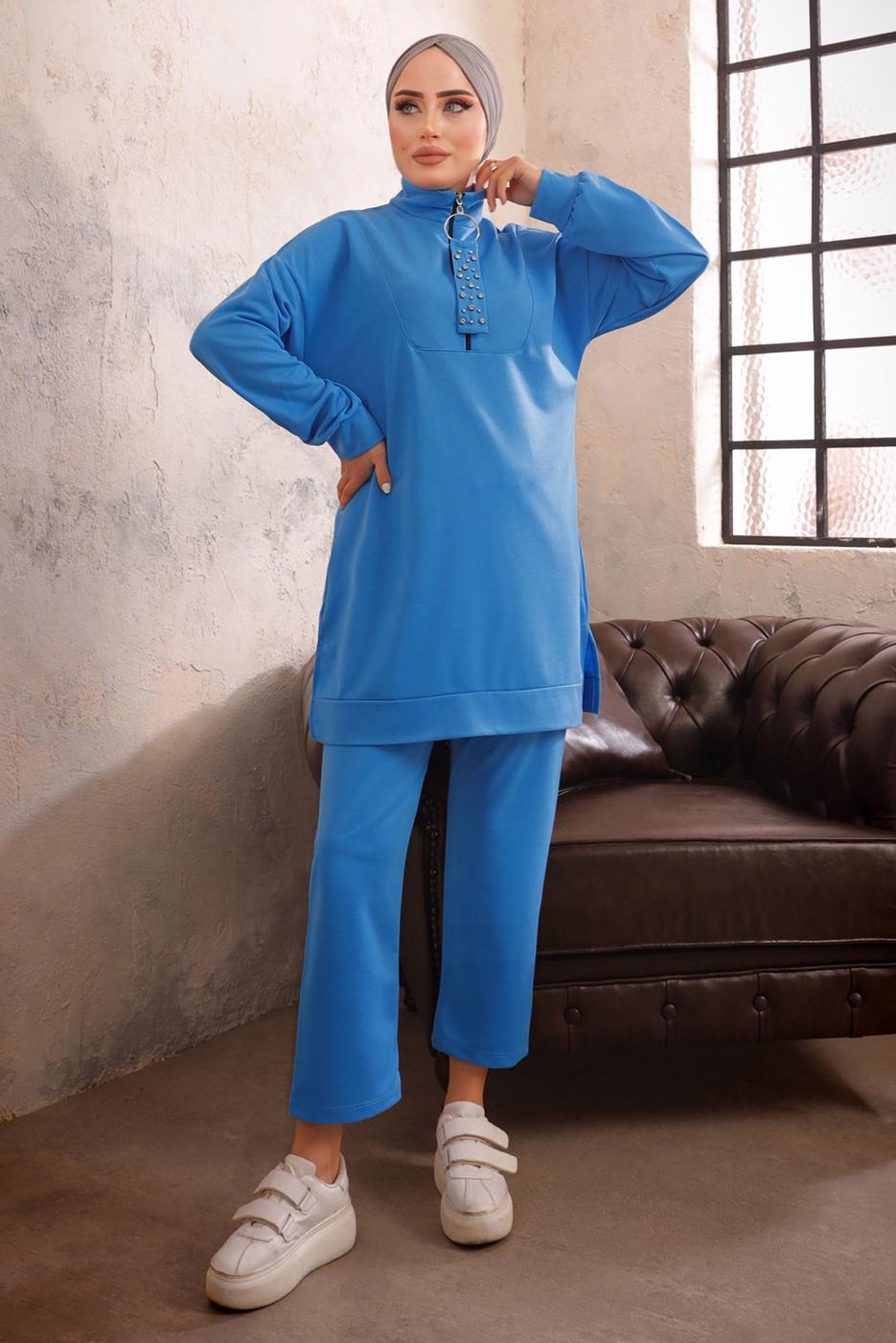 Tesettür giyim MAVİ FERMUARLI İKİLİ PANTOLON TAKIMI T 51921