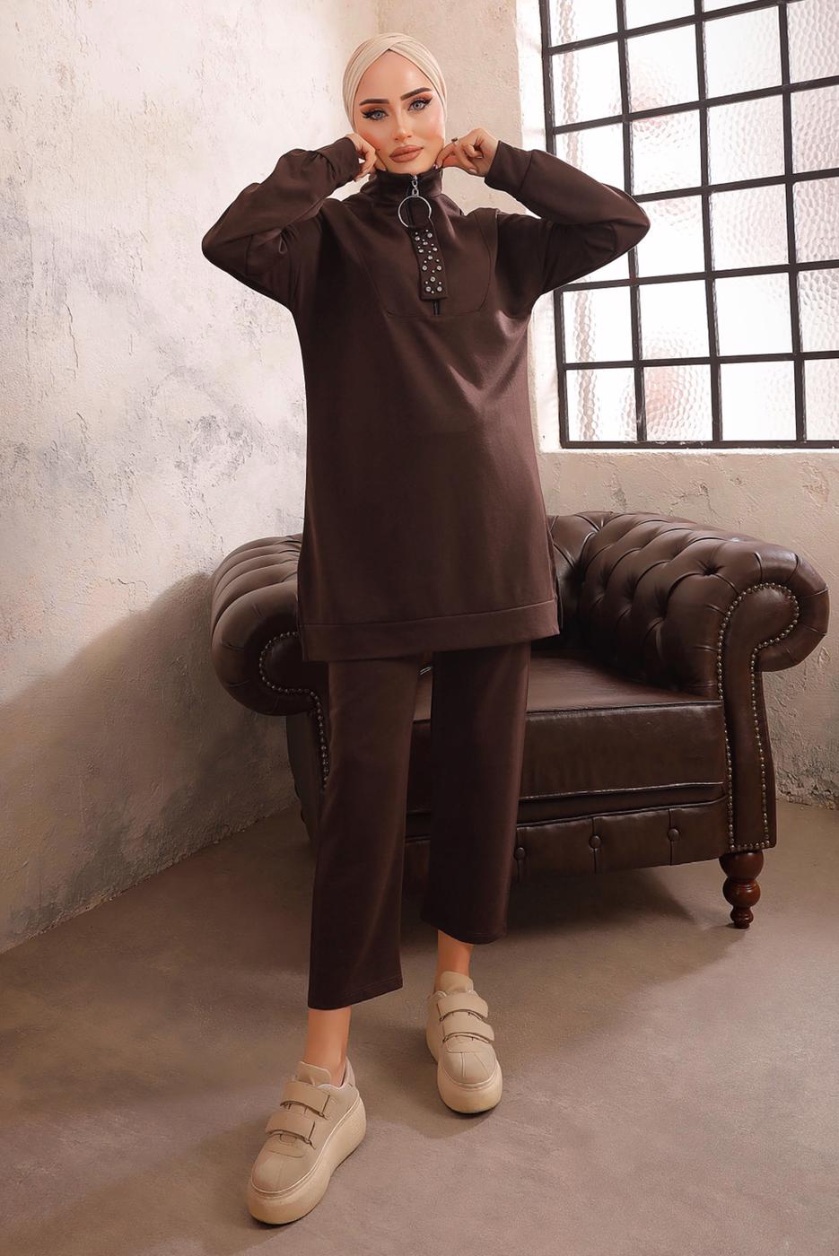 Tesettür giyim KAHVE FERMUARLI İKİLİ PANTOLON TAKIMI T 51921