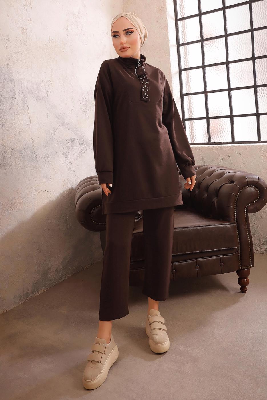 Tesettür giyim KAHVE FERMUARLI İKİLİ PANTOLON TAKIMI T 51921