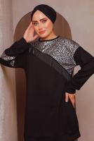 Tesettür giyim SİYAH LEOPAR DESENLİ PANTOLONLU TAKIM 5372 