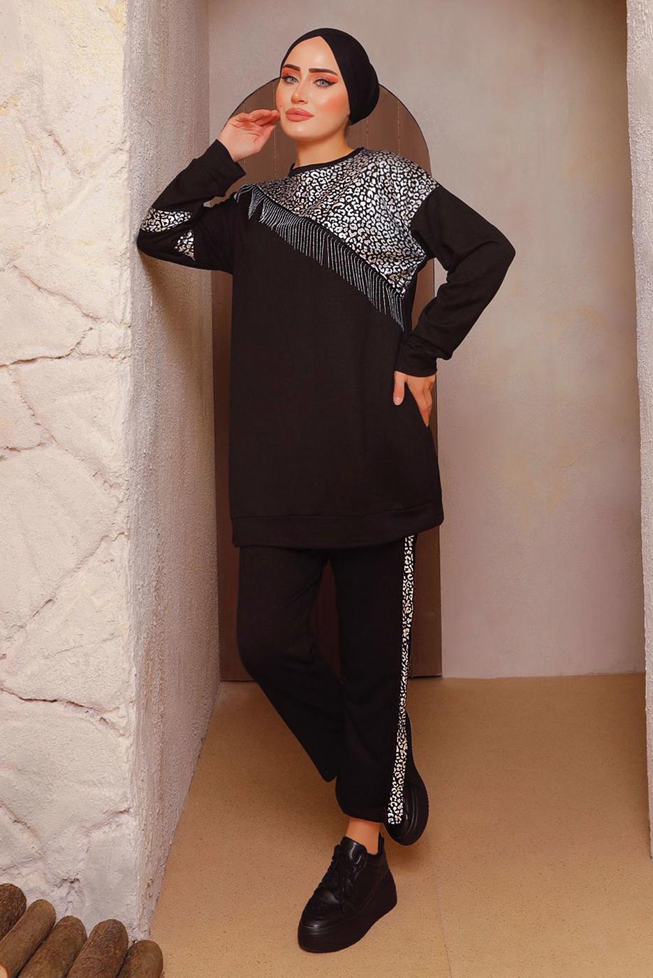 Tesettür giyim SİYAH LEOPAR DESENLİ PANTOLONLU TAKIM 5372 