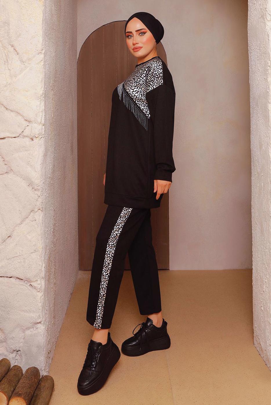 Tesettür giyim SİYAH LEOPAR DESENLİ PANTOLONLU TAKIM 5372 